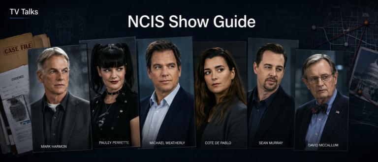 NCIS Show Guide image featuring Mark Harmon, Pauley Perrette, Michael Weatherly, Cote de Pablo, Sean Murray, and David McCallum