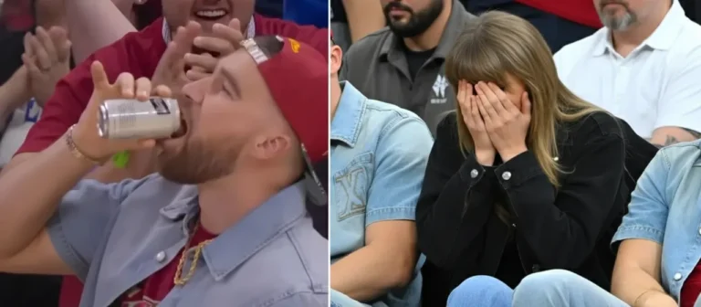 Taylor Swift watches Travis Kelce courtside as he chugs a beer during a Cavaliers playoff game