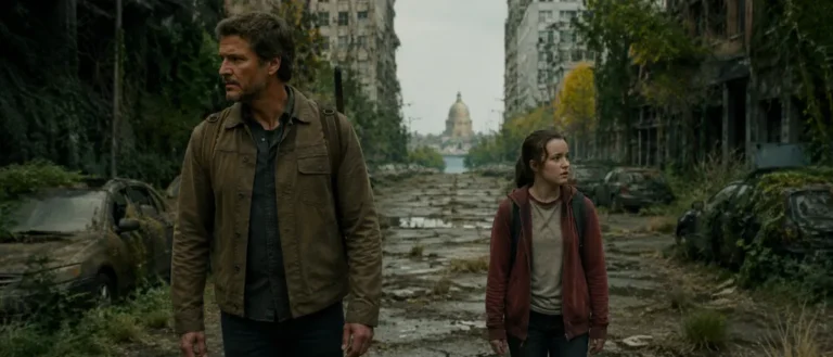 Joel and Ellie walk through an overgrown ruined city in The Last of Us