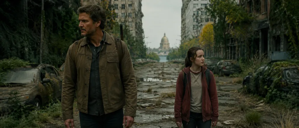 Joel and Ellie walk through an overgrown ruined city in The Last of Us